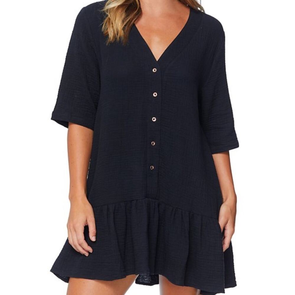Raisins Sol Cotton Button Up Cover Up dress black - XS